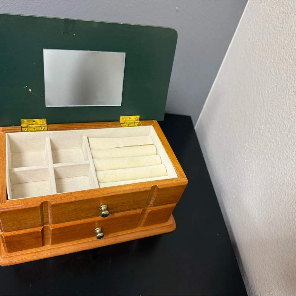 Vintage‎ solid Wooden jewelry Storage Box with Green Lid Mirror & two drawers